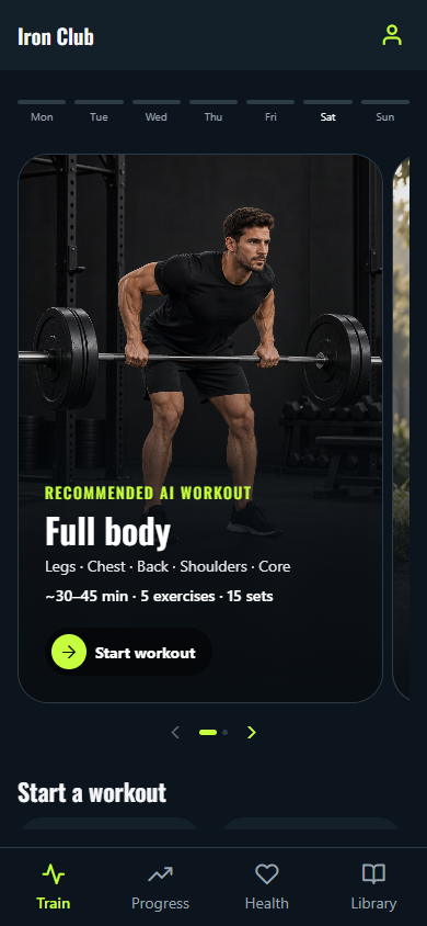 Actual Iron Club training-plan screen.
