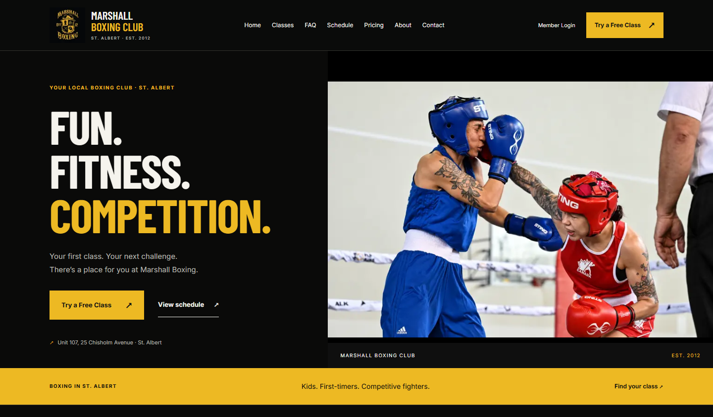 Actual Marshall Boxing homepage. The boxing photograph stays fully visible alongside the invitation to try a free class.